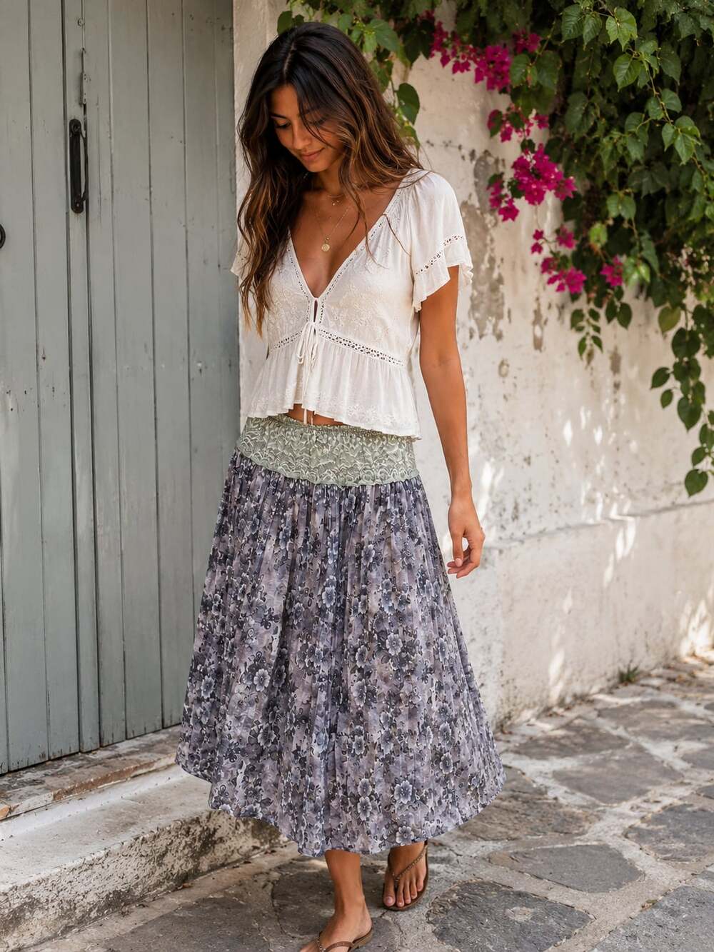 Floral Mesh Midi Skirt Small Boho Lace Waist Grey Sage Green‎